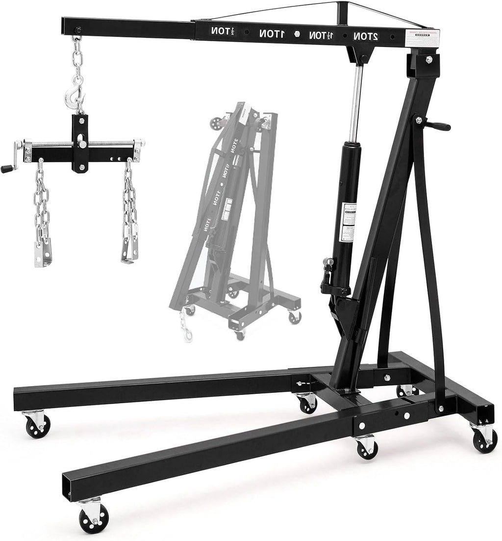 Engine Hoist with Lever, 2 Ton 4000 Lbs Heavy Duty Folding Cherry Picker Engine Lift Hydraulic Tilting Engine Shop Crane with 6 Iron Caster Wheels Telescopic Boom Hitch,Black