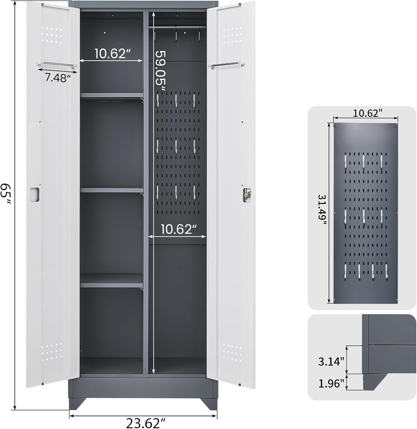 GREATMEET 65" Garage Storage Cabinet, Broom Closet Storage Cabinet, Metal Cabinets with Doors and Shelves, Utility Closet for Brooms and Mops, Utility Cabinets for Storage, Grey&White