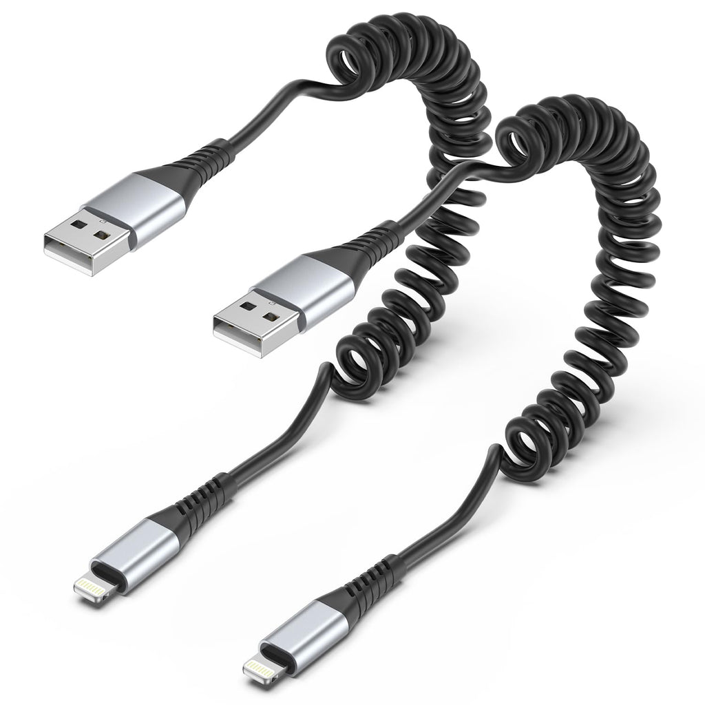 Coiled Lightning Cable, 2 Pack Retractable iPhone Charger Cord for Car, USB to Lightning Cable Fast Charging Compatible with iPhone 14 13 12 11 Pro Max Mini 10 8 Plus XR SE, AirPods