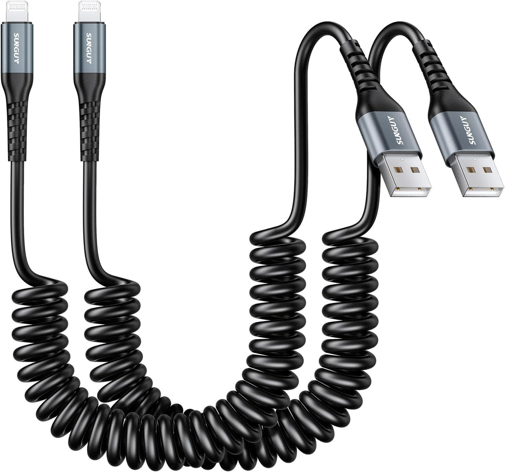 SUNGUY Coiled USB to Lightning Cable for Car, 2-Pack 3FT [MFi Certified] Retractable iPhone Charger Cable, Fast Charging CarPlay Cable for iPhone 14/13/12/11 Pro Max/XS MAX/XR/XS/iPad/iPod