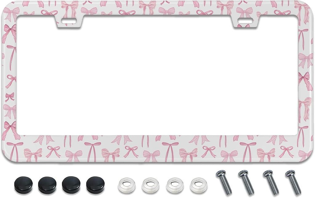 License Plate Frame for Pink Bow Stainless Steel License Plate Frames Holder Covers Rust-Proof Auto Parts Decoration with Screws License Plate Holder for Car Accessories 12x6 Inch