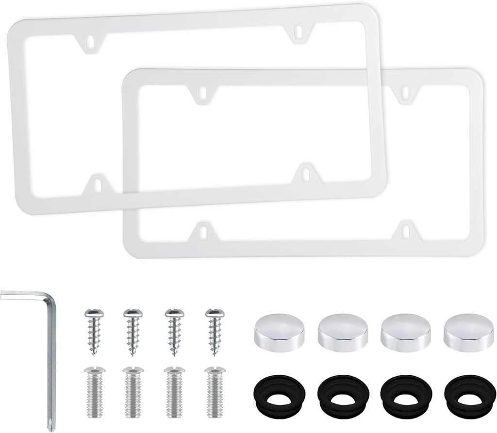 LivTee 4 Holes Stainless Steel License Plate Frames, 2 PCS Car Licence Plate Covers, Automotive Exterior Accessories Slim Design with Bolts Washer Caps for US Vehicles, White