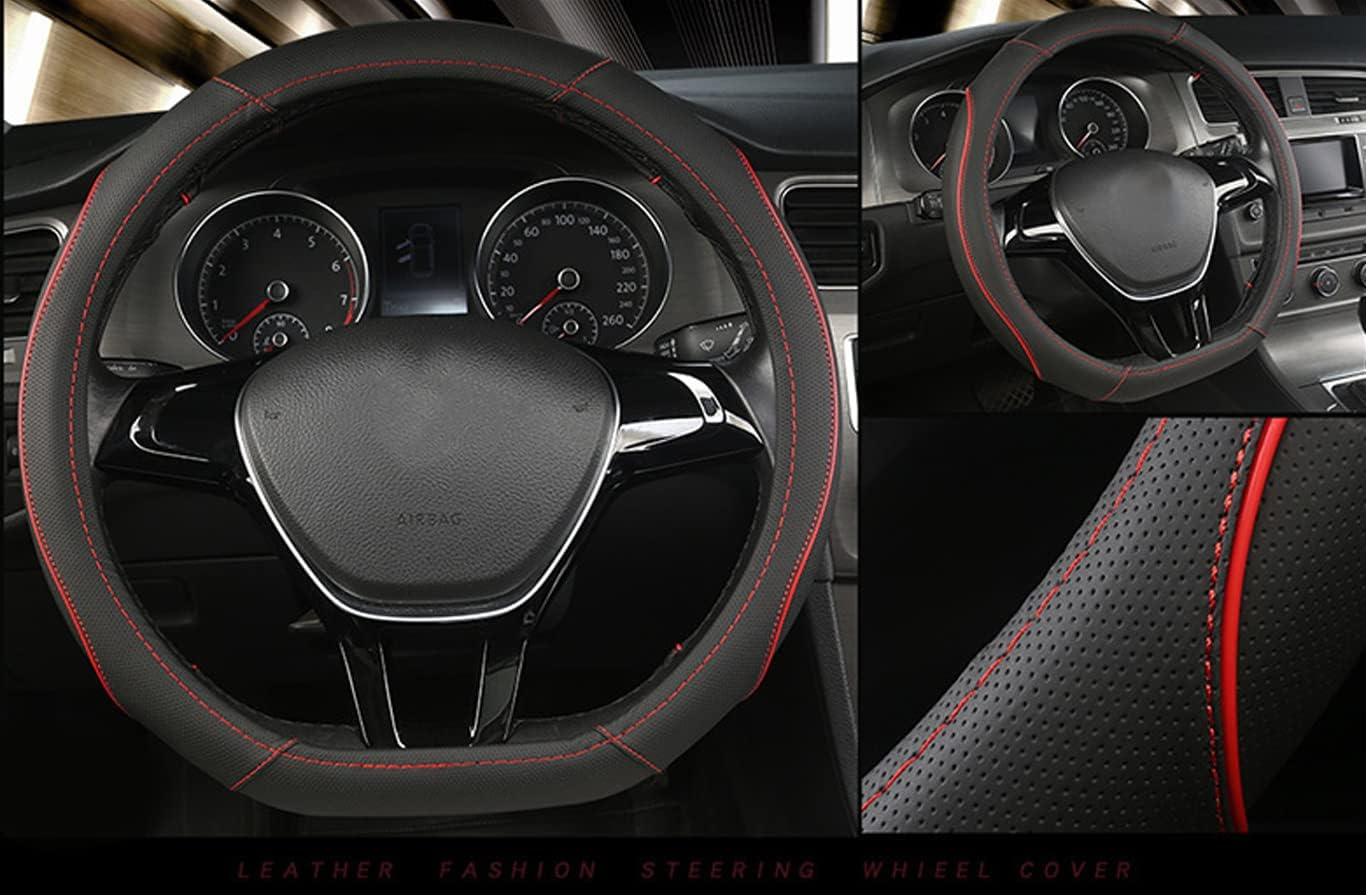 D Shape Car Steering Wheel Cover, Universal 15 inch Stitching Color Anti-Slip Steering Wheel Protector, Red and Black Style (Compact Packaging D Shape)