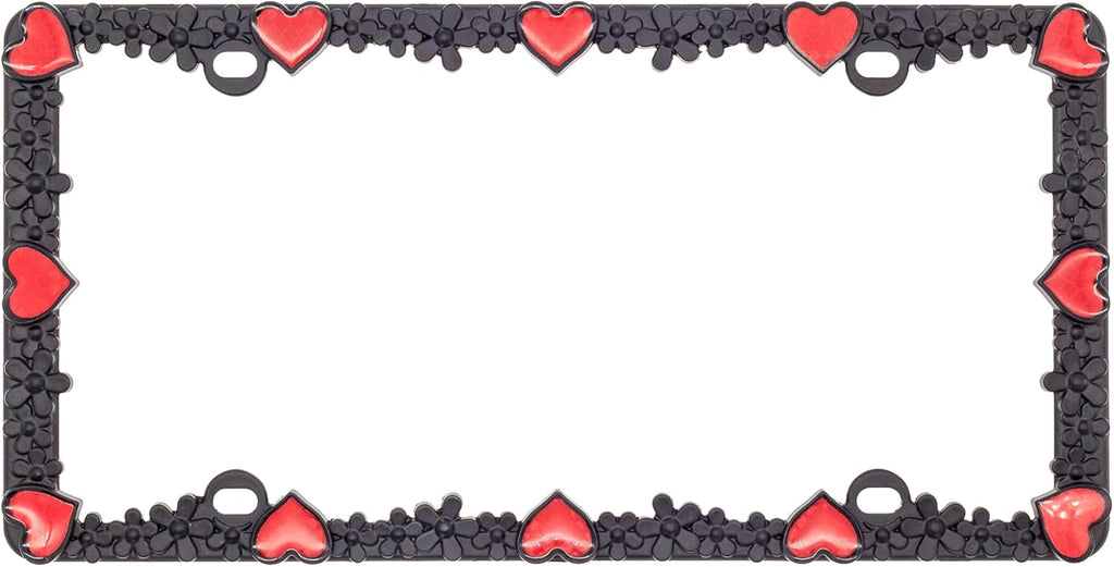 Creathome 3D Daisy Heart License Plate Frame from Pure Zinc Alloy Metal Perfect Plate Holder, Matt Black Daisy with Red Reflective Heart