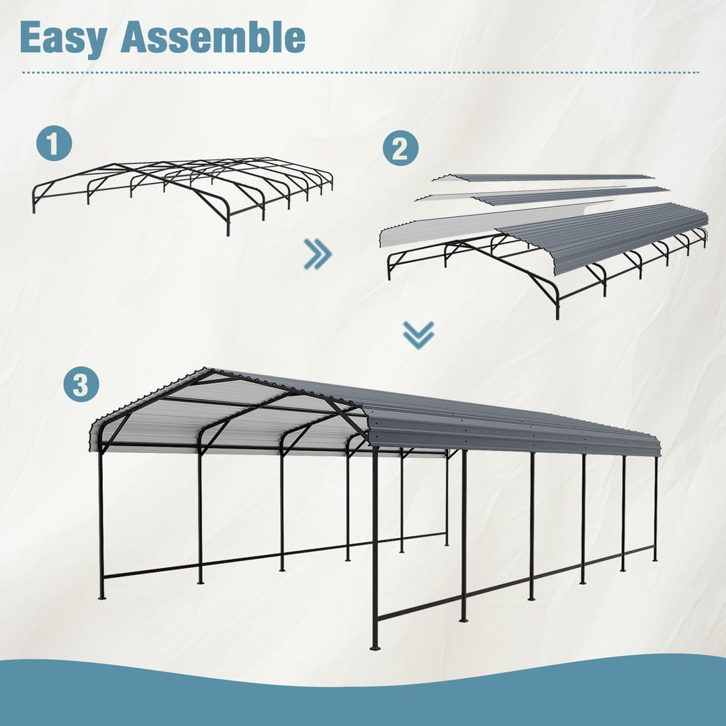 EBE 13' x 25' Metal Carport, Outdoor Steel Carport Canopy with Galvanized Steel Frame and Roof, Heavy Duty Garage Shelter Shade for Cars, Boats, and Truck