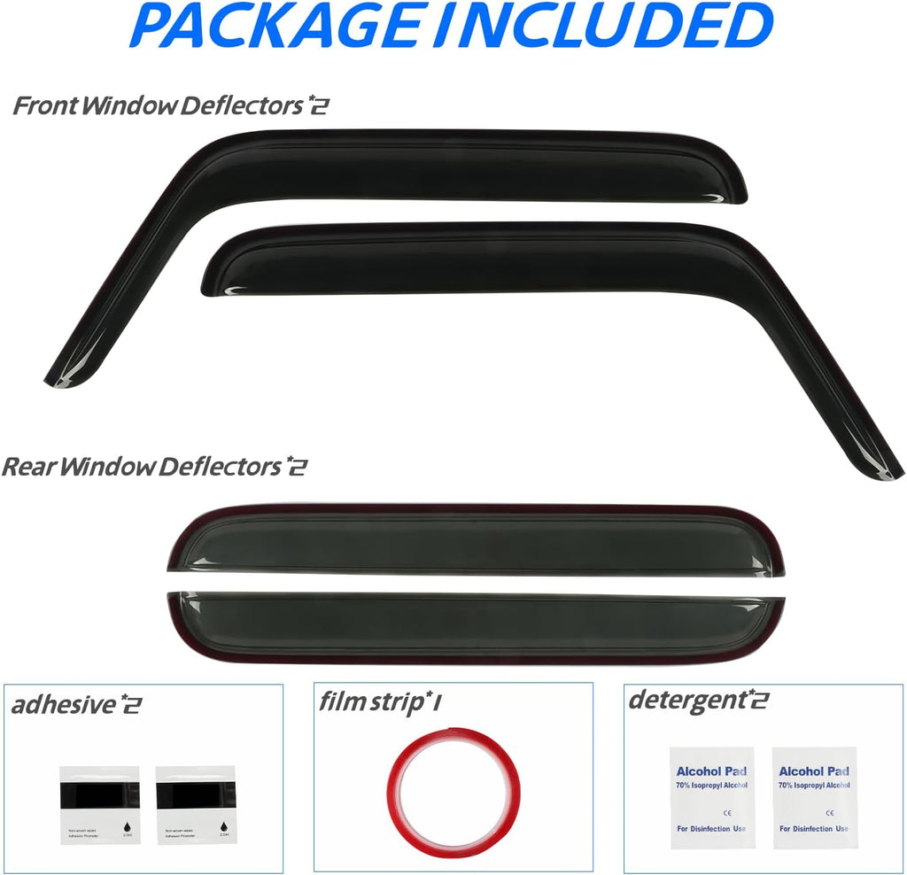 Rain Guard Fit for 2007-2017 Jeep Wrangler Unlimited 4-Door & 2018 Jeep Wrangler JK Unlimited 4-Door, Outside Mount Side Window Visor Deflector, Dark Smoke Vent Shade Shield, 4pcs