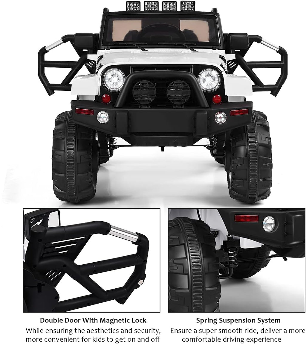 Costzon Ride On Car, 12V Battery Powered Electric Ride On Truck w/Parental Remote Control, LED Lights, Double Doors, Safety Belt, Music, MP3 Player, Spring Suspension (White)
