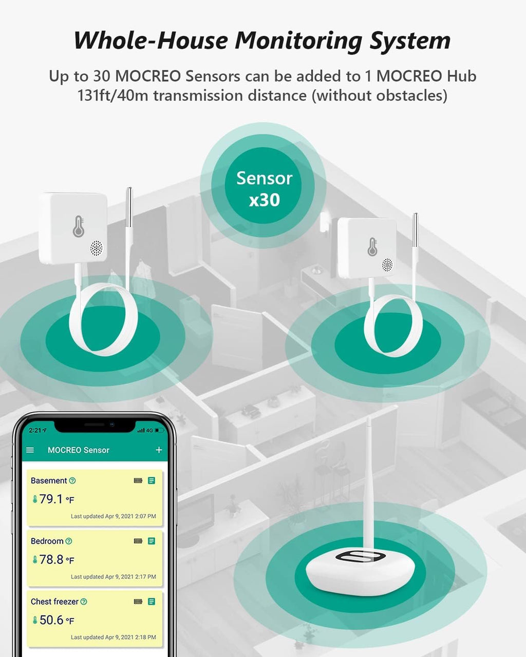 WiFi Thermometer Freezer Alarm, Email Alert, App Notification, Data Record Export, No Subscription Fee, 2 Remote Wireless Temperature Sensors for Refrigerator, Freezer, Hot Tub