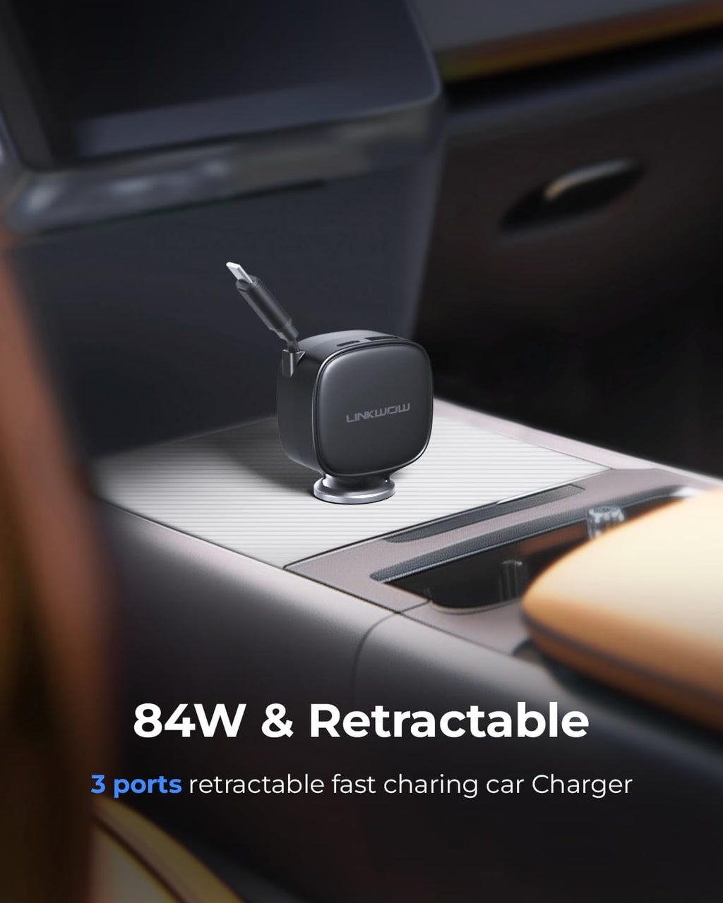 84W Max Retractable Fast Car Charger - USB C Cigarette Lighter Adapter Ultra-Compact Type-C Fast Car Charger with Built-in Retractable Cable