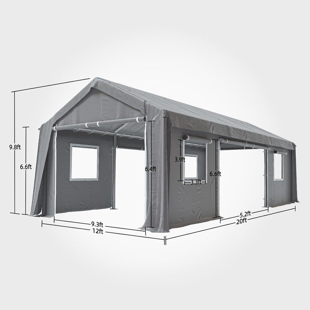 12x20ft Heavy Duty Carport Outdoor Canopy Portable Garage with 4 Doors & 4 Windows Waterproof UV Resistant Storage Shelter with Removable Sidewalls for Car Truck Boat, Gray