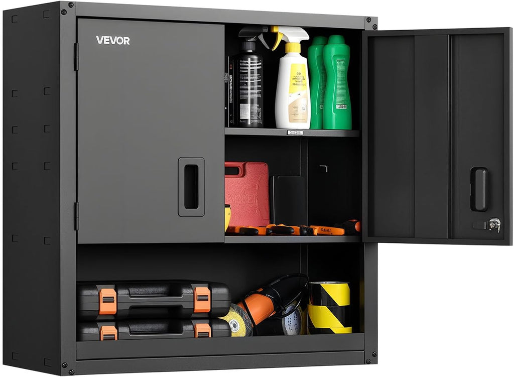 VEVOR Metal Wall Cabinet, 30W x 12.01D x 30H Inch, Steel Floating Hanging Storage Cabinet with Locking Doors and Adjustable Shelf for Garage, Basement, Kitchen, Warehouse Assembly Required, Black