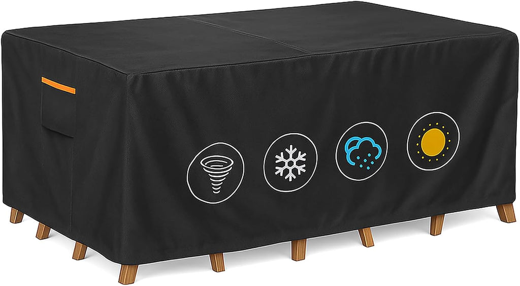 Outdoor Waterproof Furniture Cover, 111W x 74L x 28H inches Heavy Duty 600D Rectangular Table and Chair Set Protection, Black