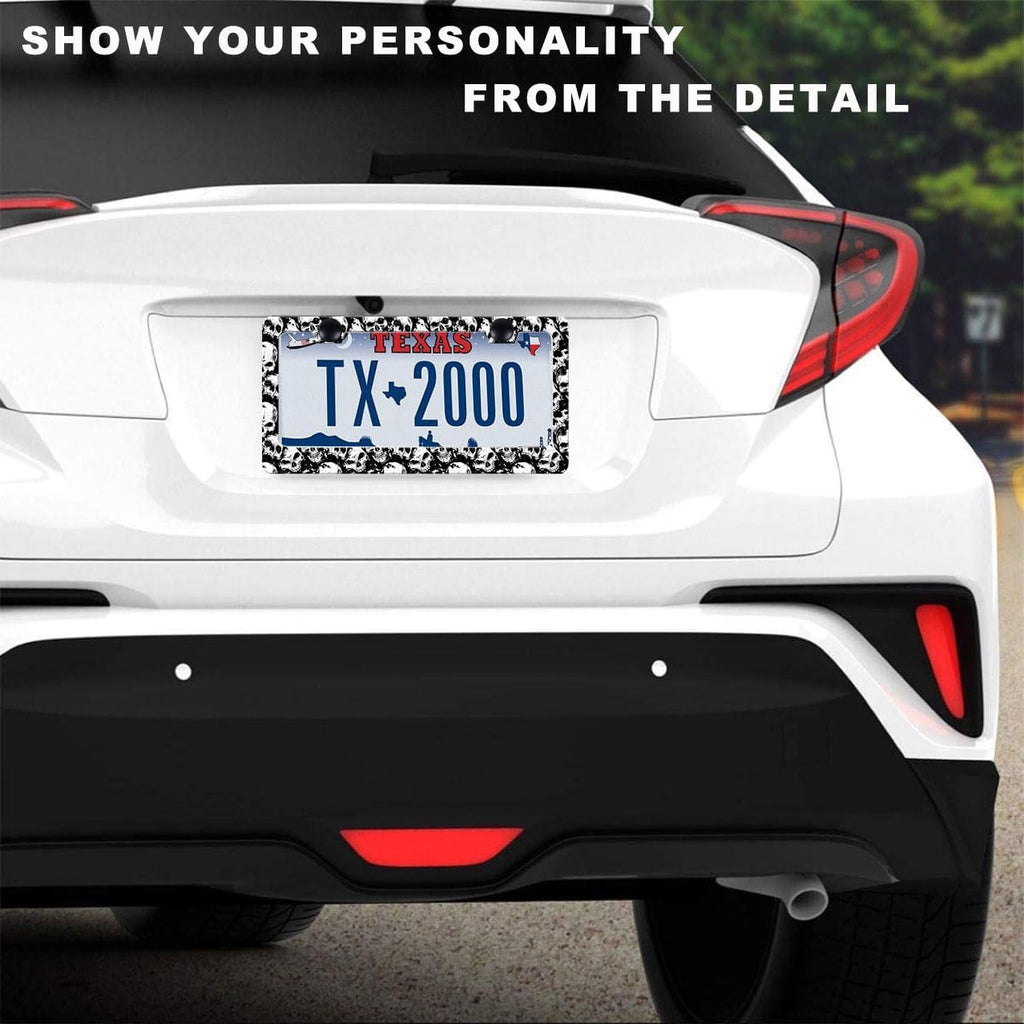 2Pack of Skull License Plate Frames Horror Skull Car Decor Accessories,Metal Black and White Skull License Plate Frame Cover Tag Holder Bracket
