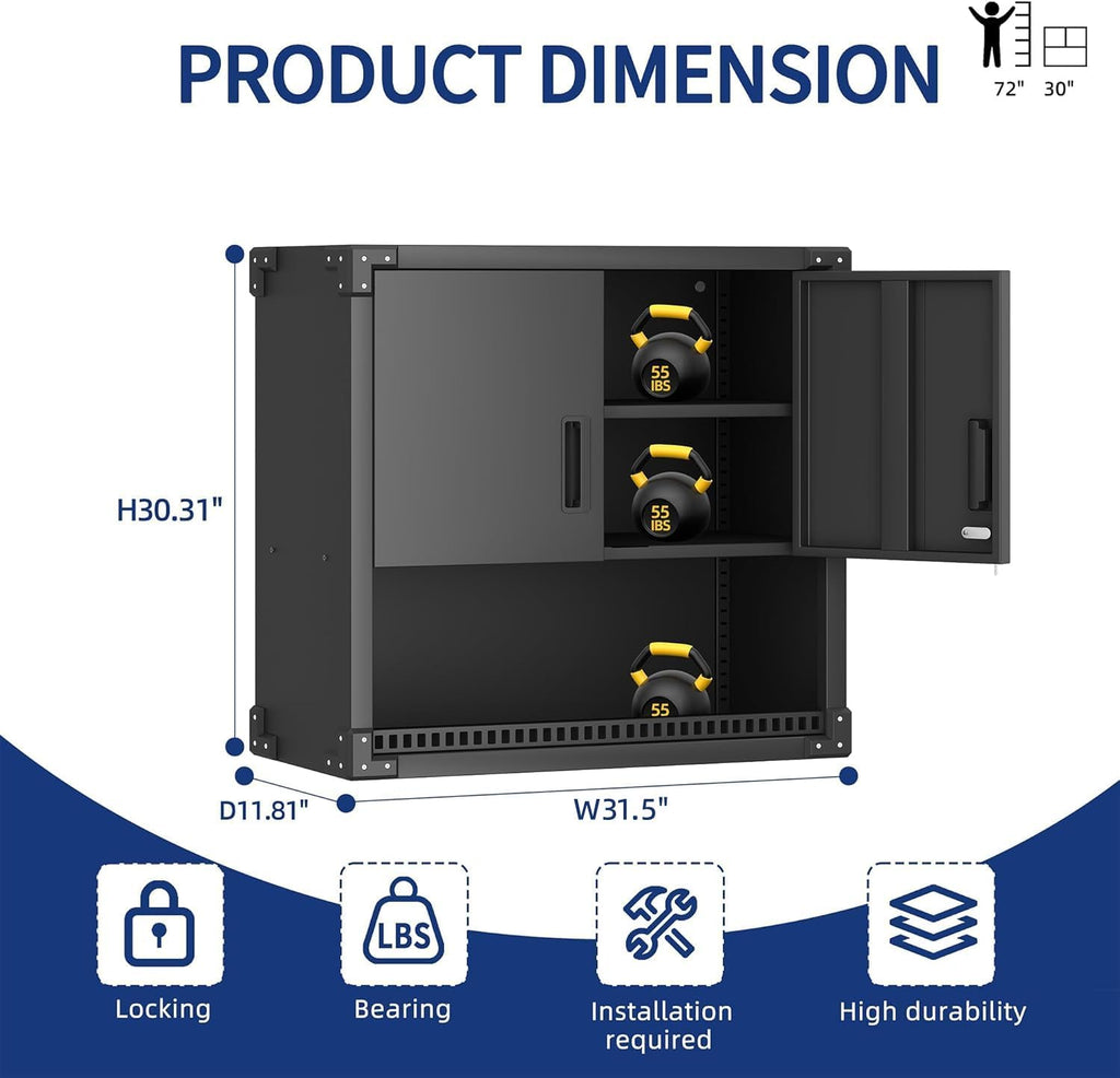 Garage Wall Cabinet,Metal Wall Cabinet with Doors and Adjustable Shelves,Steel Utility Wall Mounted Tool Cabinets for Home,Office,Kitchen,Warehouse