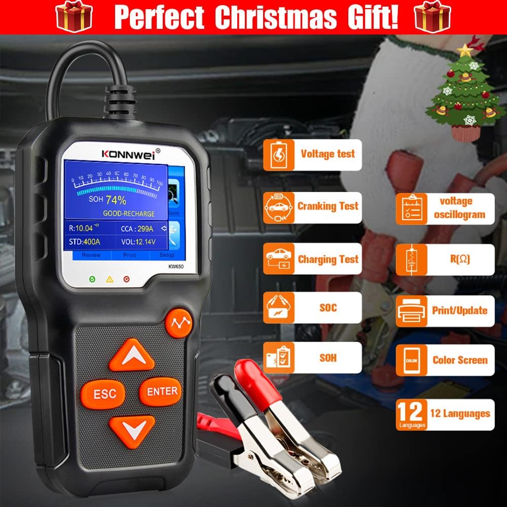 KONNWEI KW650 6V 12V Car Battery Tester, 100-2000 CCA Battery Load Tester Automotive Battery and Alternator Tester for Vehicles/Marine/Motorcycle/Lawn Mover