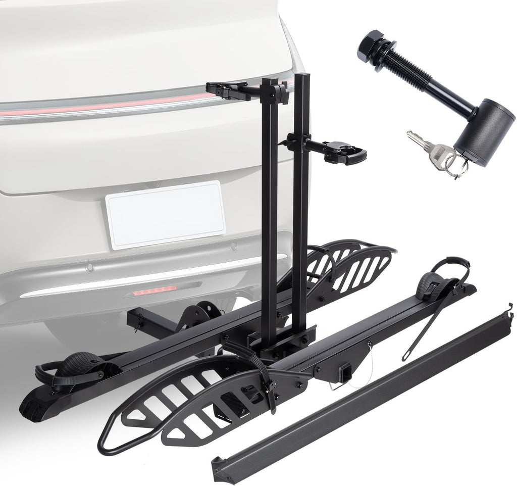 EBike Rack with Ramp, 200 lbs Capacity Heavy Bike Rack Electric Bike Carrier for 2 E-Bike, Foldable Bike Racks for Tow Hitch Up to 5-inch Fat Tire 2'' Receiver