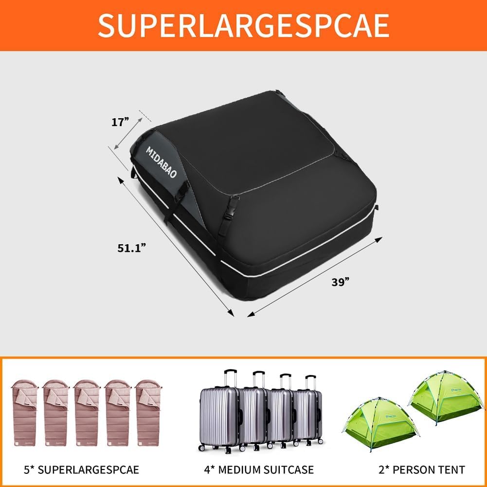 MIDABAO 20 Cubic Waterproof Duty Car Roof Top Carrier-Car Cargo Roof Bag Car Roof Top Carrier - Waterproof & Coated Zippers- includes Anti-Slip Mat- for Cars with or without Racks (20 Cubic Feet)