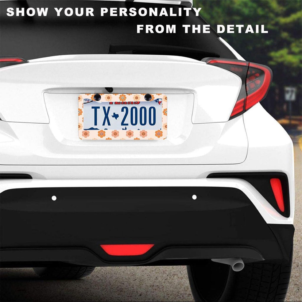 2 Pack Universal Smiley Face Flower License Plate Frame-Rustproof Aluminum Floral License Plate Frames for Women Men Fits All Vehicles, with Anti-Theft Screw Caps Included