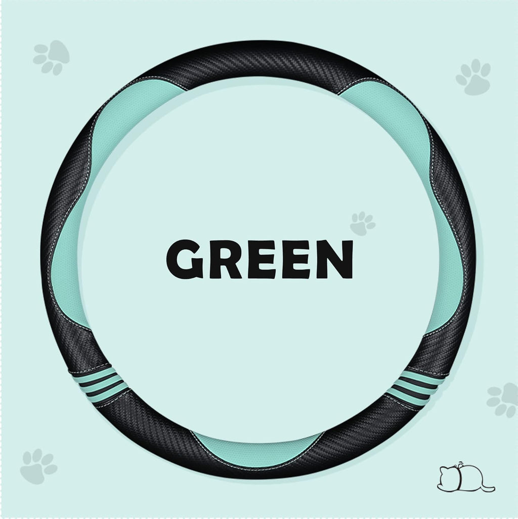 Car Steering Wheel Covers for Women Girl Padded Carbon Fiber PU Leather Cute Cartoon Auto Interior Accessories for Jeep, Truck, Universal, Anti Slip, Green, Large Size 15.5-16"(39-41cm)