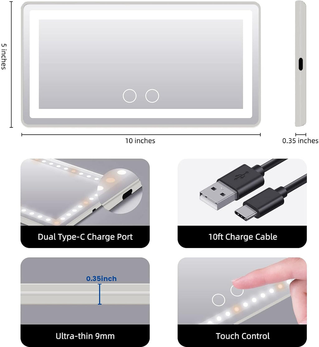 Car Sun Visor Vanity Mirror, Rechargeable Makeup Mirrors with 3 Light Modes & 60 LEDs- Dimmable Clip-on Rear View Sun-Shading Cosmetic Mirror with Touch on Screen, Universal for Truck SUV(Grey)