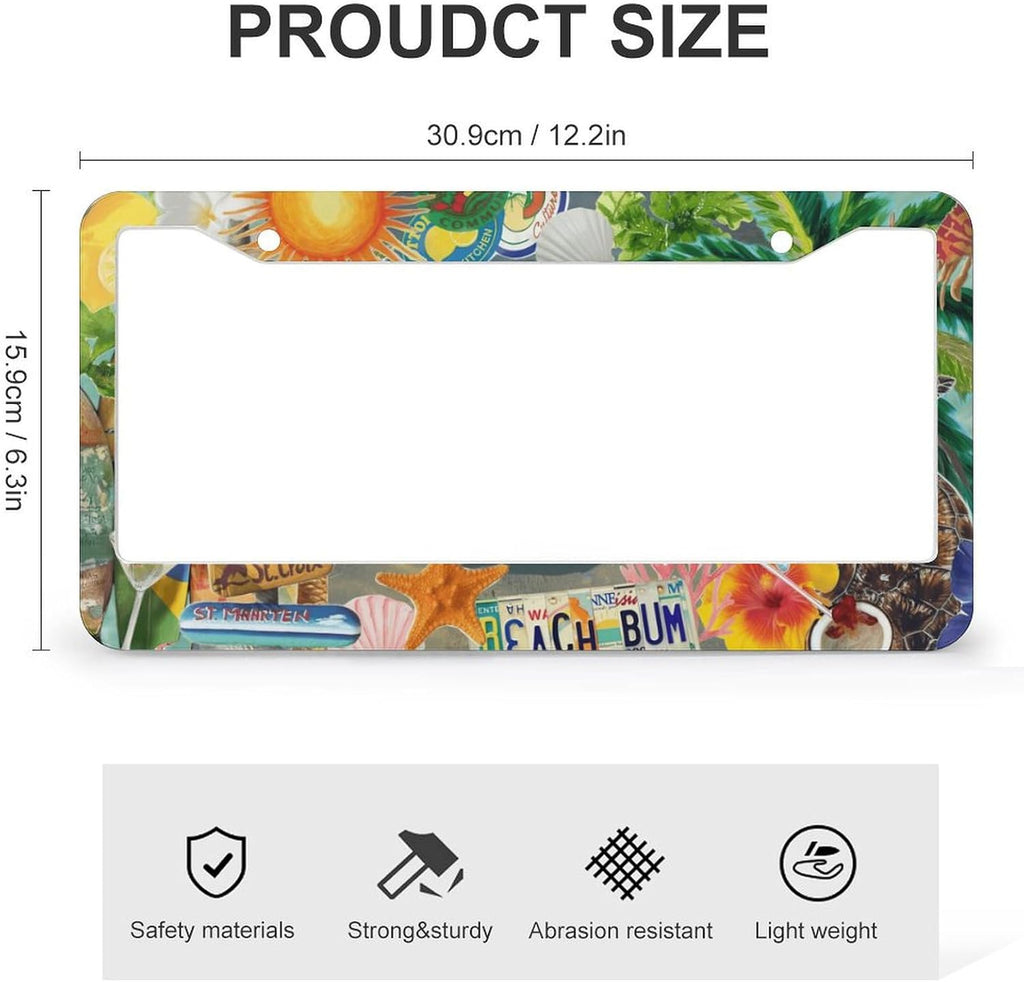 Summer Beach License Plate Frames - 2 Pcs Set 2 Holes Metal Aluminum Auto Car Accessories Decoration License Plate Frame 12.2 x 6.3 inch for Women Men Gift