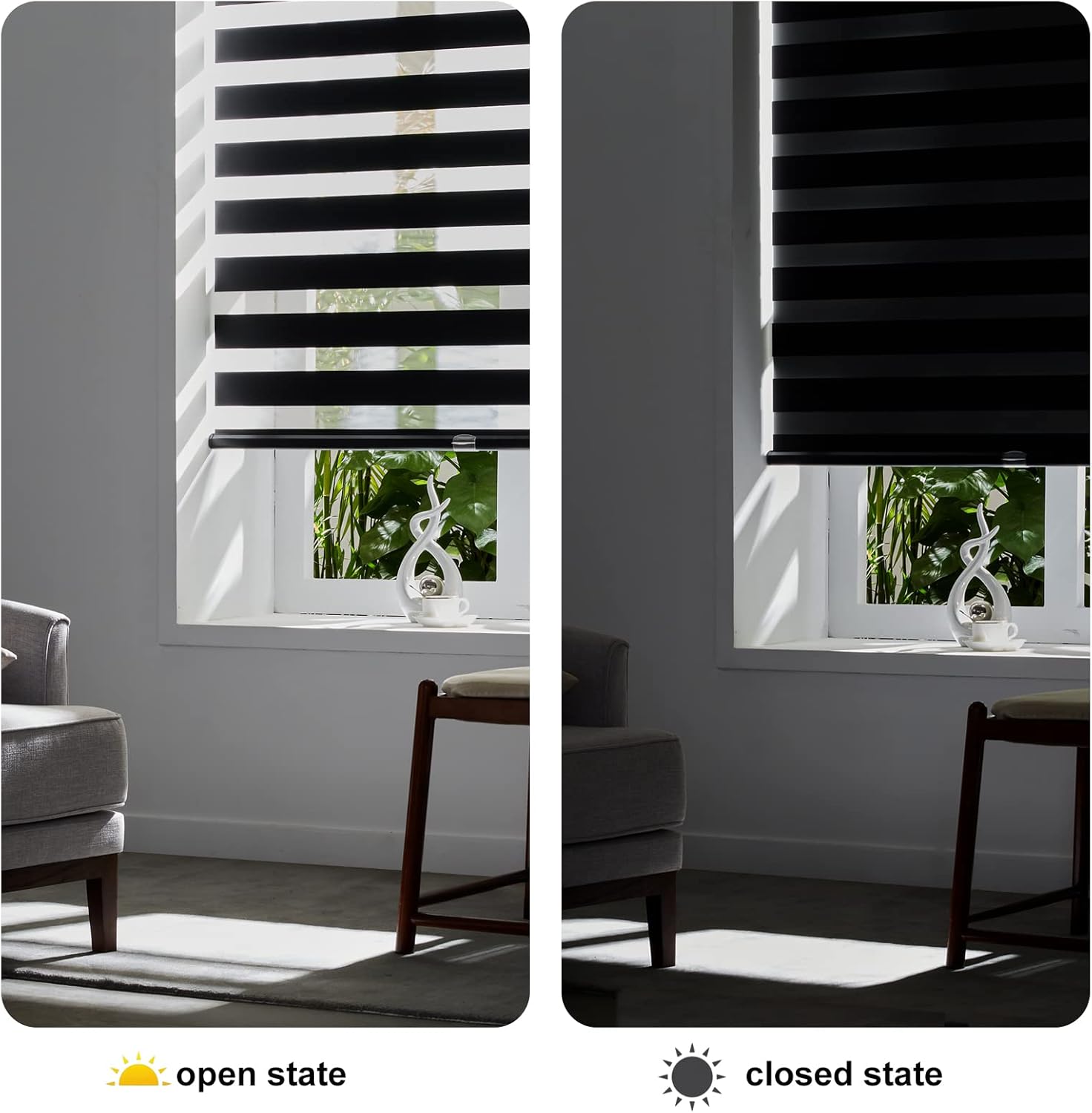 Persilux Cordless Zebra Blinds for Windows Free-Stop Roller Windows Shades (34" W X 72" H, Black) Dual Layer Light Control for Day and Night, Light Filtering Sheer Shades for Home, Easy to Install
