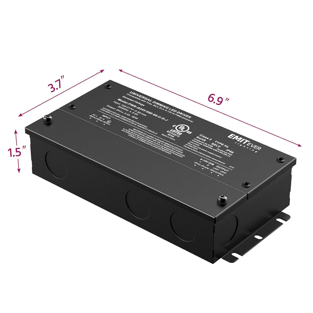 EMITEVER Dimmable Led Driver, 2 Packs 60W AC 110V-277V to DC 24V Transformer, 5-in-1 Dimming: ELV/MLV/TRIAC / 0-10V / 1-10V / 10V PWM/Potentiometer, Waterproof IP67 and UL Listed,Class 2