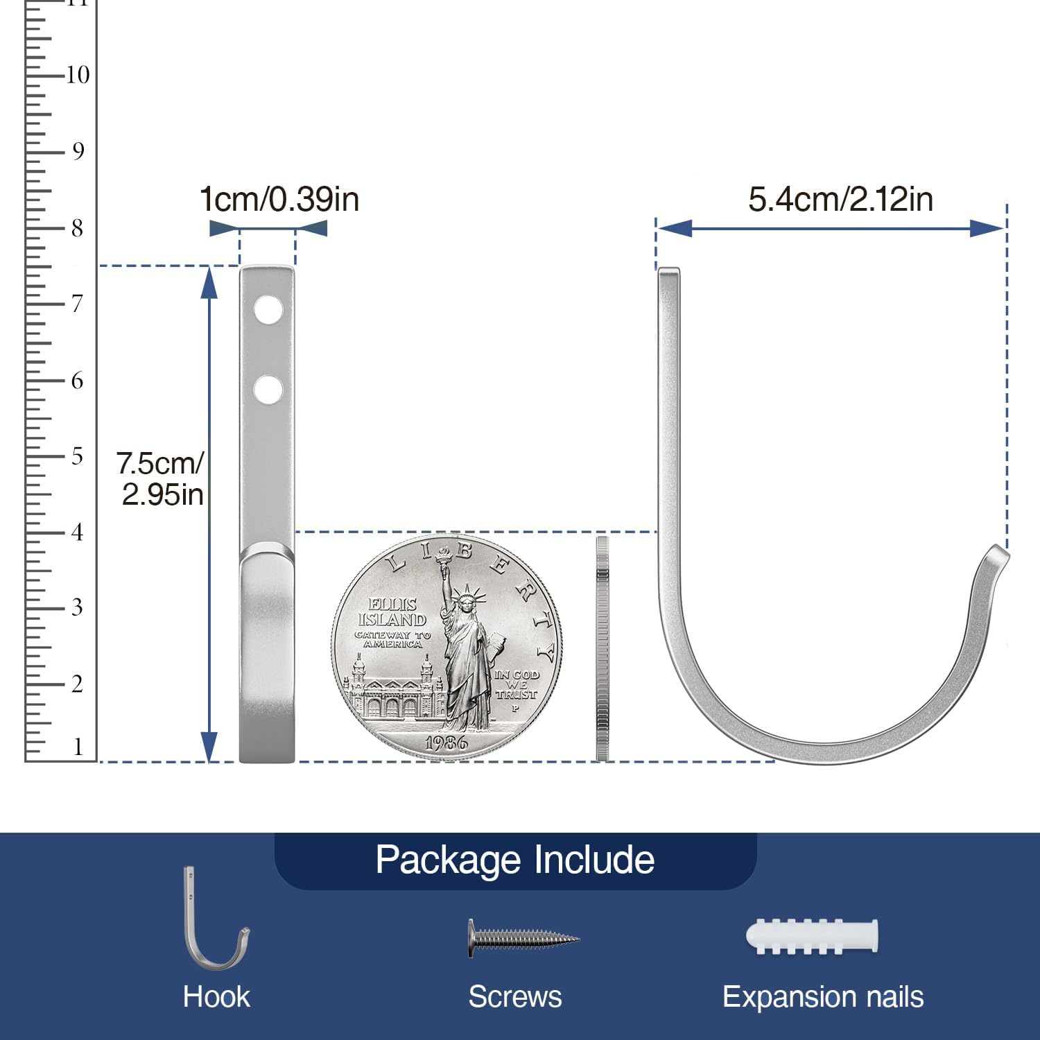 10-Pack Wall Hooks for Hanging Towel/Coat - 22LB Screw in Metal Hanger Wall Mount, for Outdoor, Closet, Door, Bathrooms, for Backpack, Robe, Silver