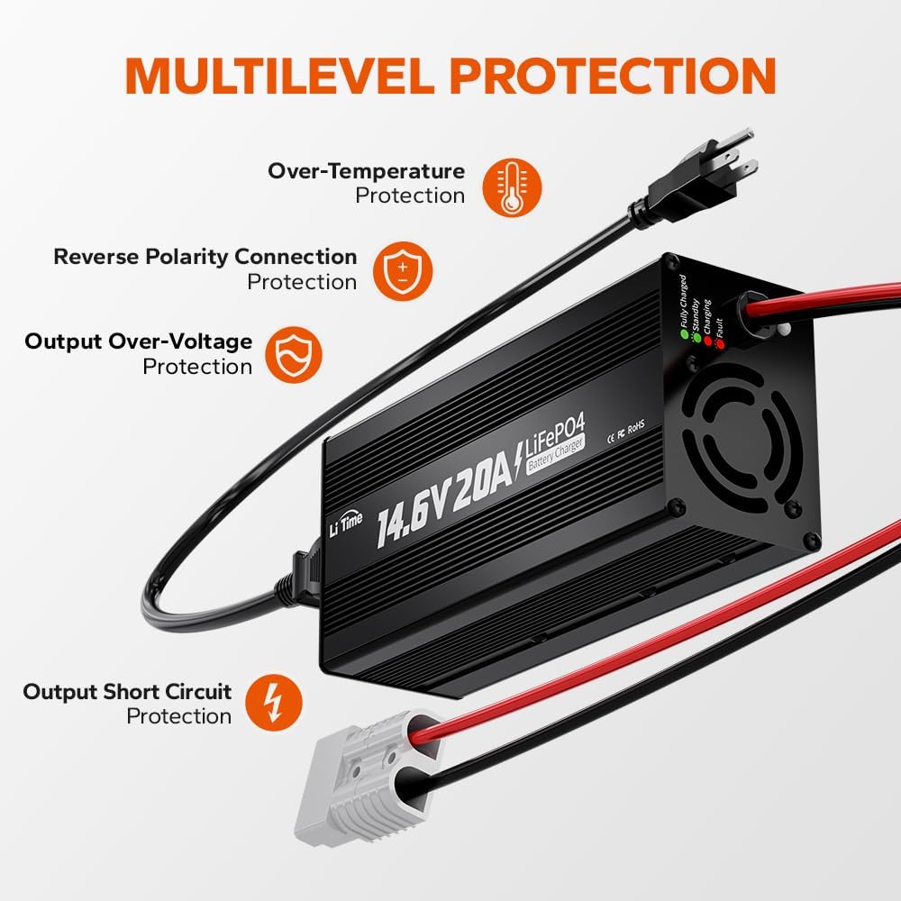 LiTime 12V 20A Lithium Battery Charger 14.6V LiFePO4 Battery Charger AC-DC Smart Charger with Anderson Connector LED Indicator Special for Lithium LiFePO4 Deep Cycle Rechargeable Batteries of Boat, RV