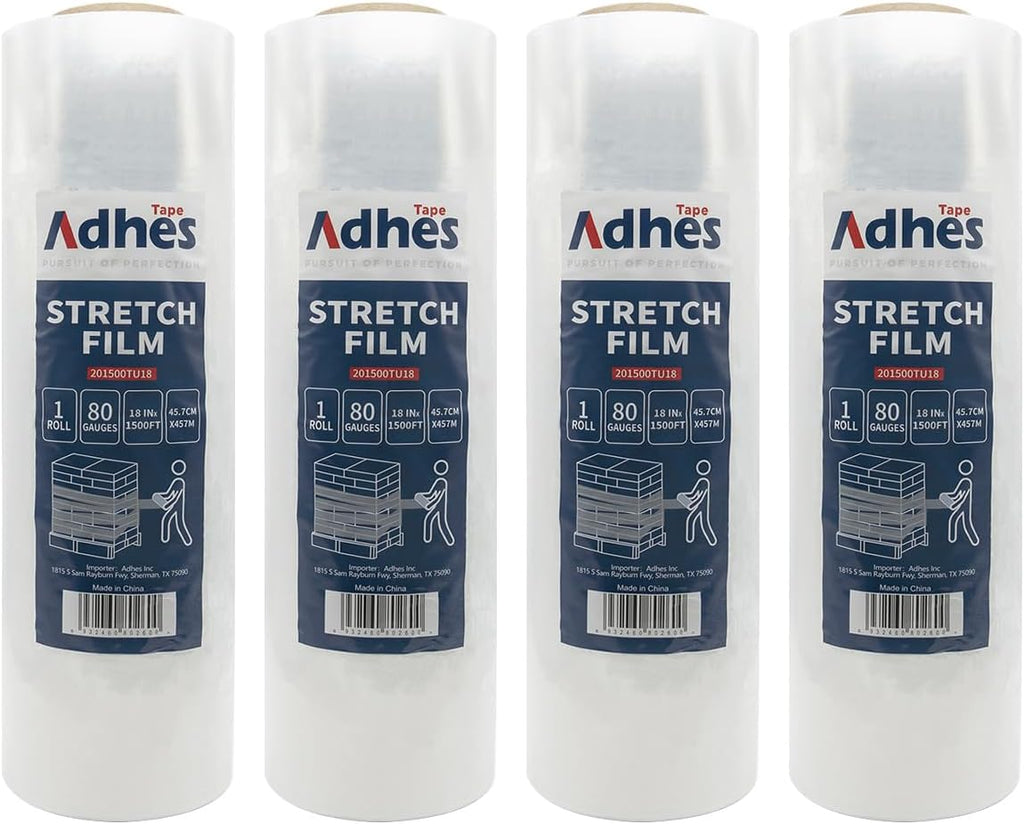 ADHES Heavy Duty Shrink Wrap Roll, 18 Inch x 1500 Feet, 4-Pack Stretch Wrap Stretch Film, 80 Gauge Industrial Strength Plastic Moving Rrap for Pallet Wrap, Furniture Wrapping Moving & Protection