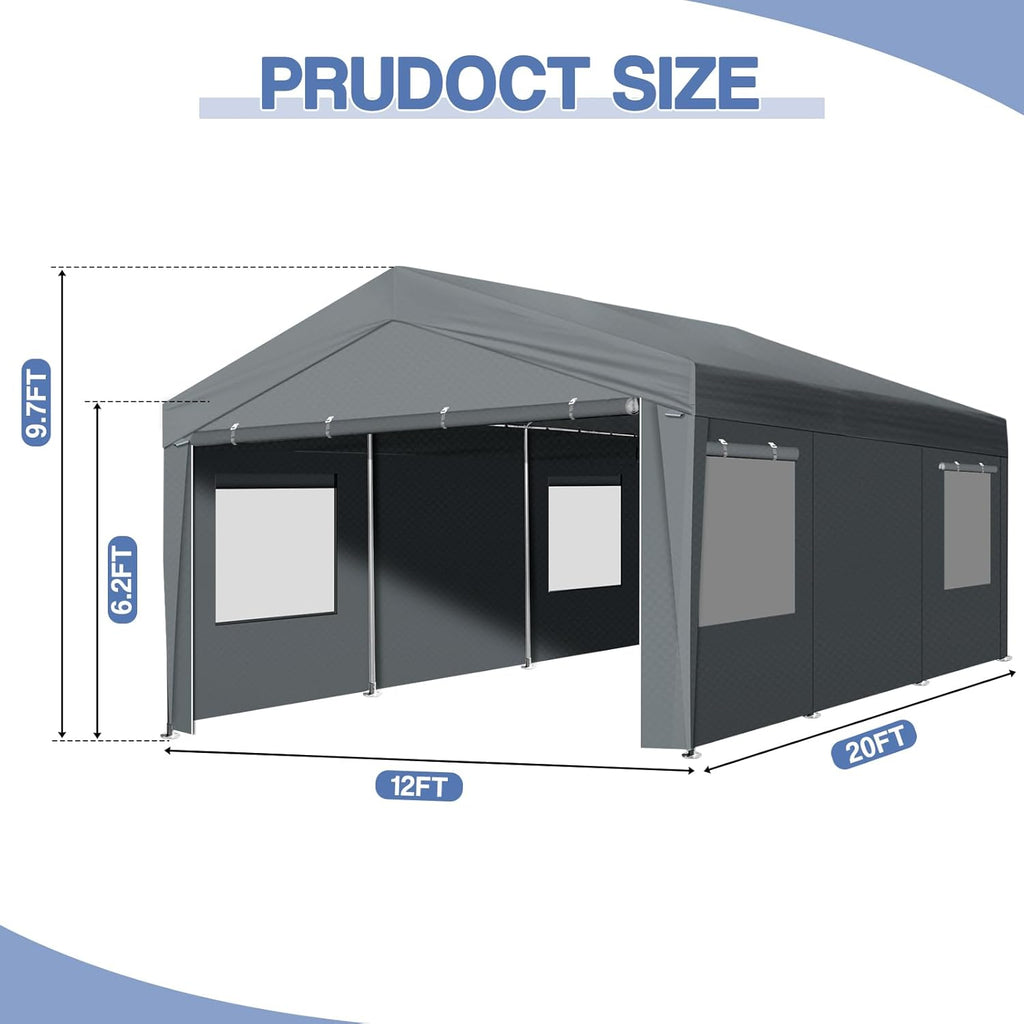 VINGLI 12x20 Carport Canopy Portable Garage with Roll-up Windows & Removable Sidewalls, Car Canopy Heavy Duty Car Tent for SUV, Boats, RVs, Trucks (with Sidewalls)