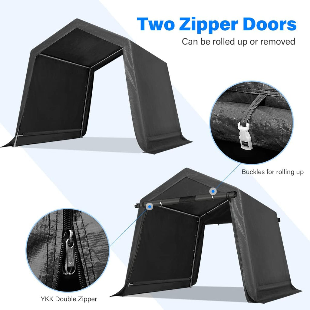 ADVANCE OUTDOOR 6x6 ft Storage Shelter Outdoor Portable Shed with 2 Roll up Zipper Doors & Vents Carport for Motorcycle Waterproof and UV Resistant Portable Garage Kit Tent, Gray