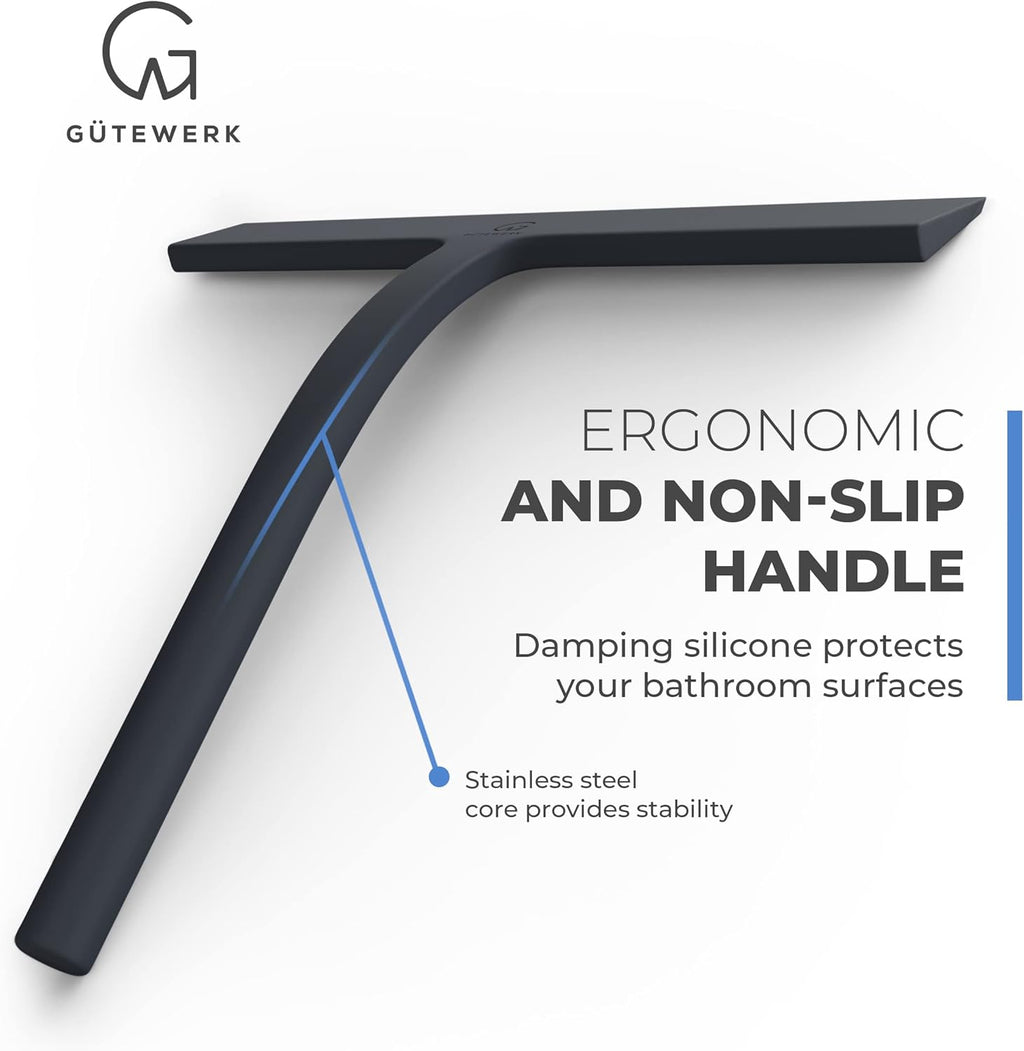 GÜTEWERK Shower Squeegee for Glass Doors, Silicone Window Squeegee, Bathroom and Glass Cleaning - Black - 9 Inch