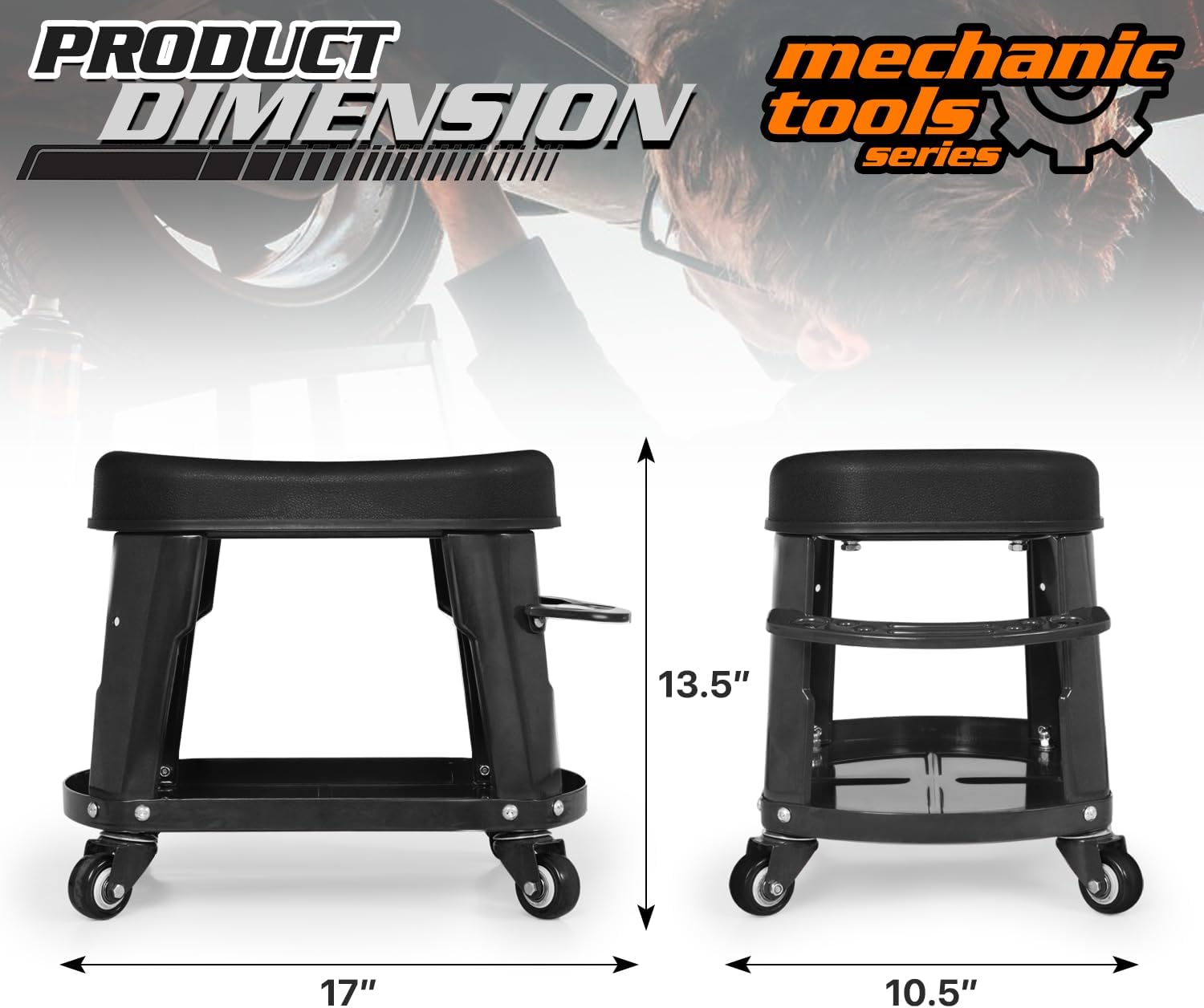 M-AUTO Heavy Duty Garage Rolling Work Seat 300LBS Capacity Mechanics Stool with Wheels, Rolling Work Seat with Equipment Tray and Tool Rack, Rectangle Seat Mechanic Roll Chair, Black