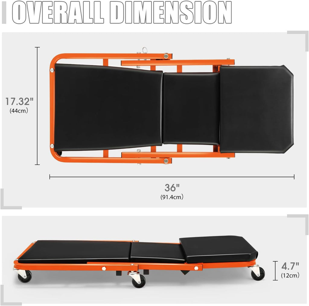 DNA MOTORING 36 Inches 2 IN 1 Rolling Folding Car Creeper/Seat, 6 Pcs 2" Casters, 150kg Weight Capacity, Orange, TOOLS-00185-OG