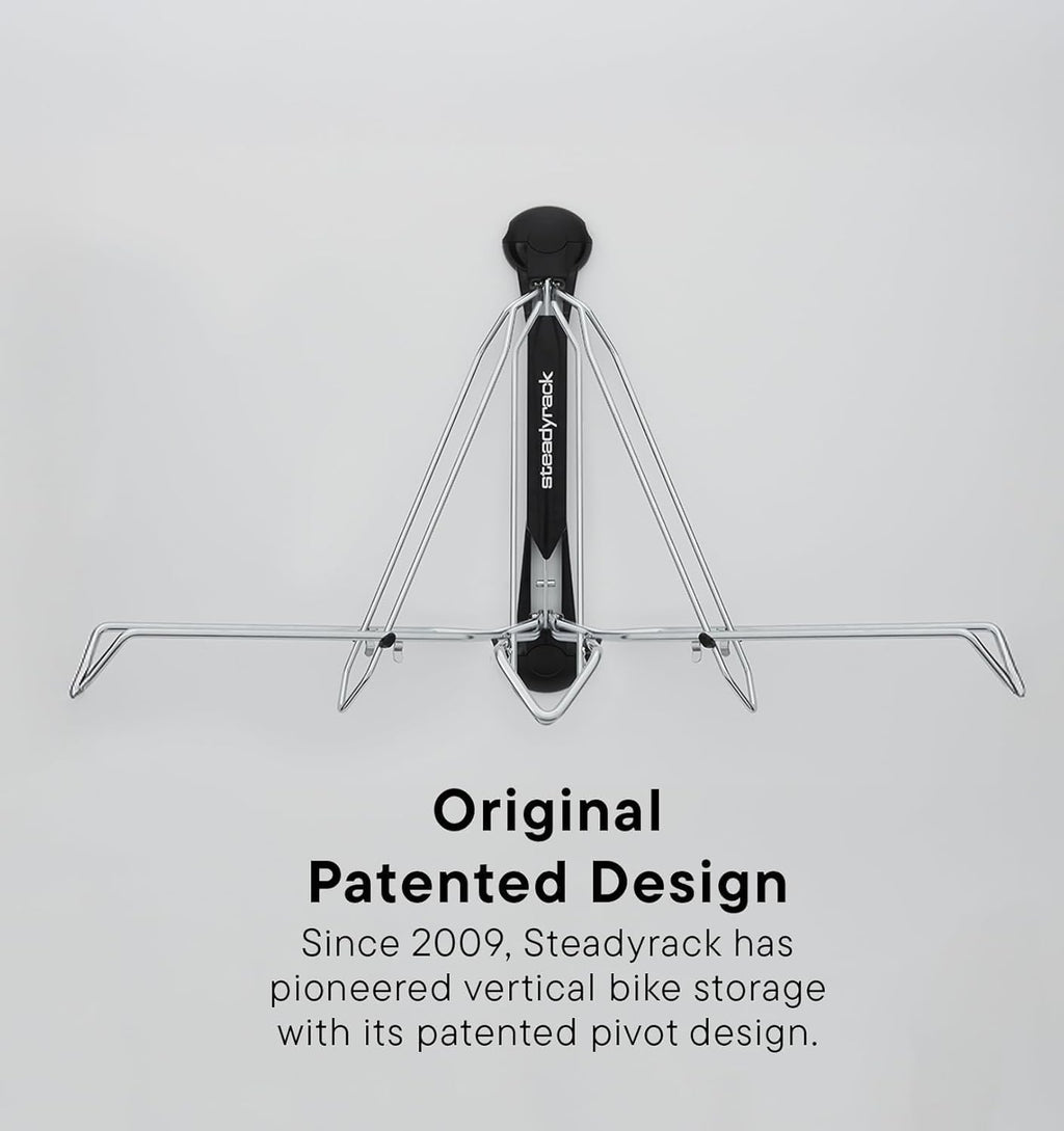 Steadyrack Bike Rack for Mountain Bikes - The Original Wall Mounted Vertical Bike Storage - Fits Wide Tires - Space Saving Pivot Design - Heavy-Duty Steel Rack for Indoor Garage, Apartment or Home Use