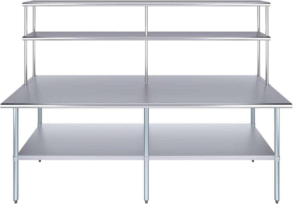 Amgood Stainless Steel Work Table Double Tier Overshelf | Metal Kitchen Prep Table & Shelving Combo (30" x 96" Work Table + 12" Overshelf)