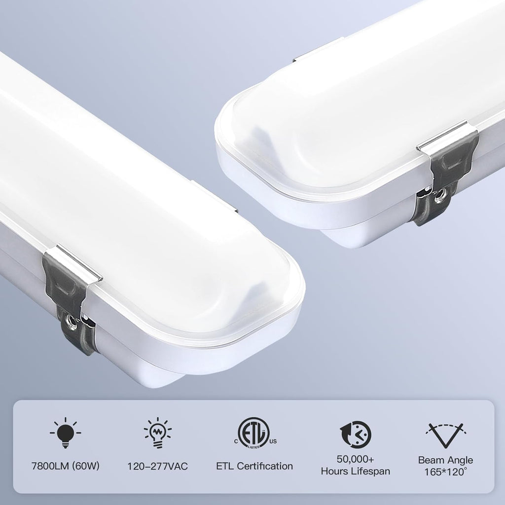 JTT LED Vapor Tight Light 60W/50W/40W 7800lm (180W Eq.), Waterproof LED Outdoor Shop Light 6000K/5000K/4000K IP65 Vapor Proof Fixture for Parking Garage Car Wash Warehouse ETL Listed