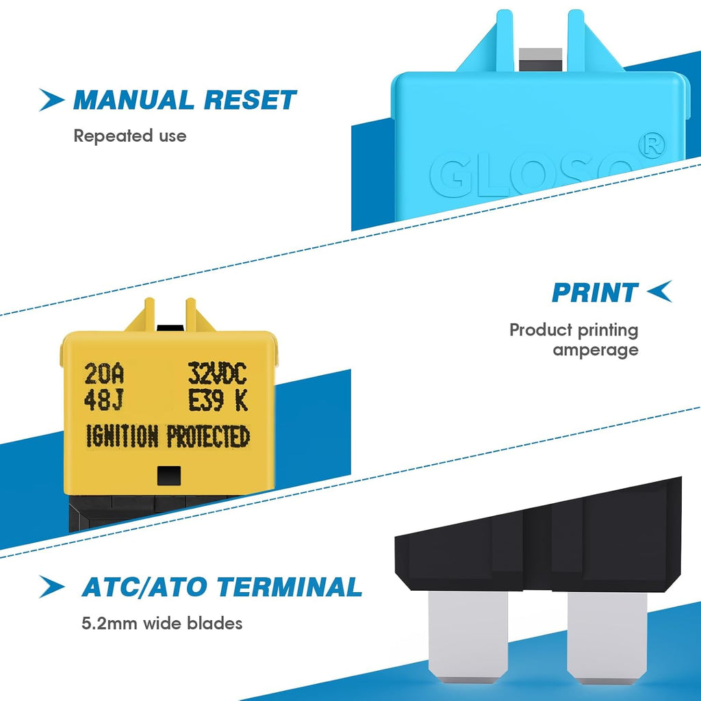 GLOSO Circuit Breaker Blade Fuse E39 (T3) Manual Reset Fuse For Car Truck RV Automotive Marine Boat Trolling motor & Custom Wiring Audio battery protection/Low Profile ATC/ATO (10A - 1 Pack)