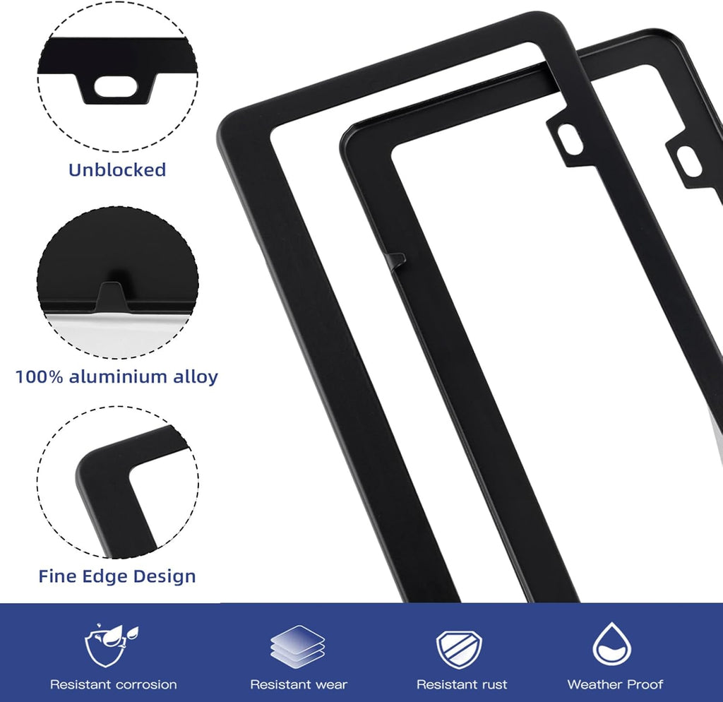 2 Pack Black License Plate Frame, Black Aluminum License Plate Cover, Matte License Plate Front and Rear 2 Packs. (2 Holes), Come with Screw Cap, Screw,Washer