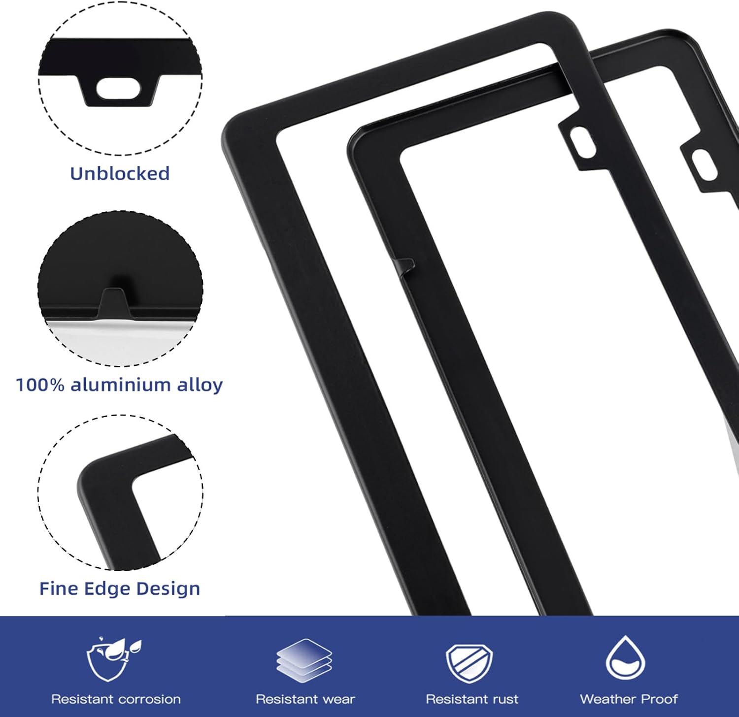 2 Pack Black License Plate Frame, Black Aluminum License Plate Cover, Matte License Plate Front and Rear 2 Packs. (2 Holes), Come with Screw Cap, Screw,Washer