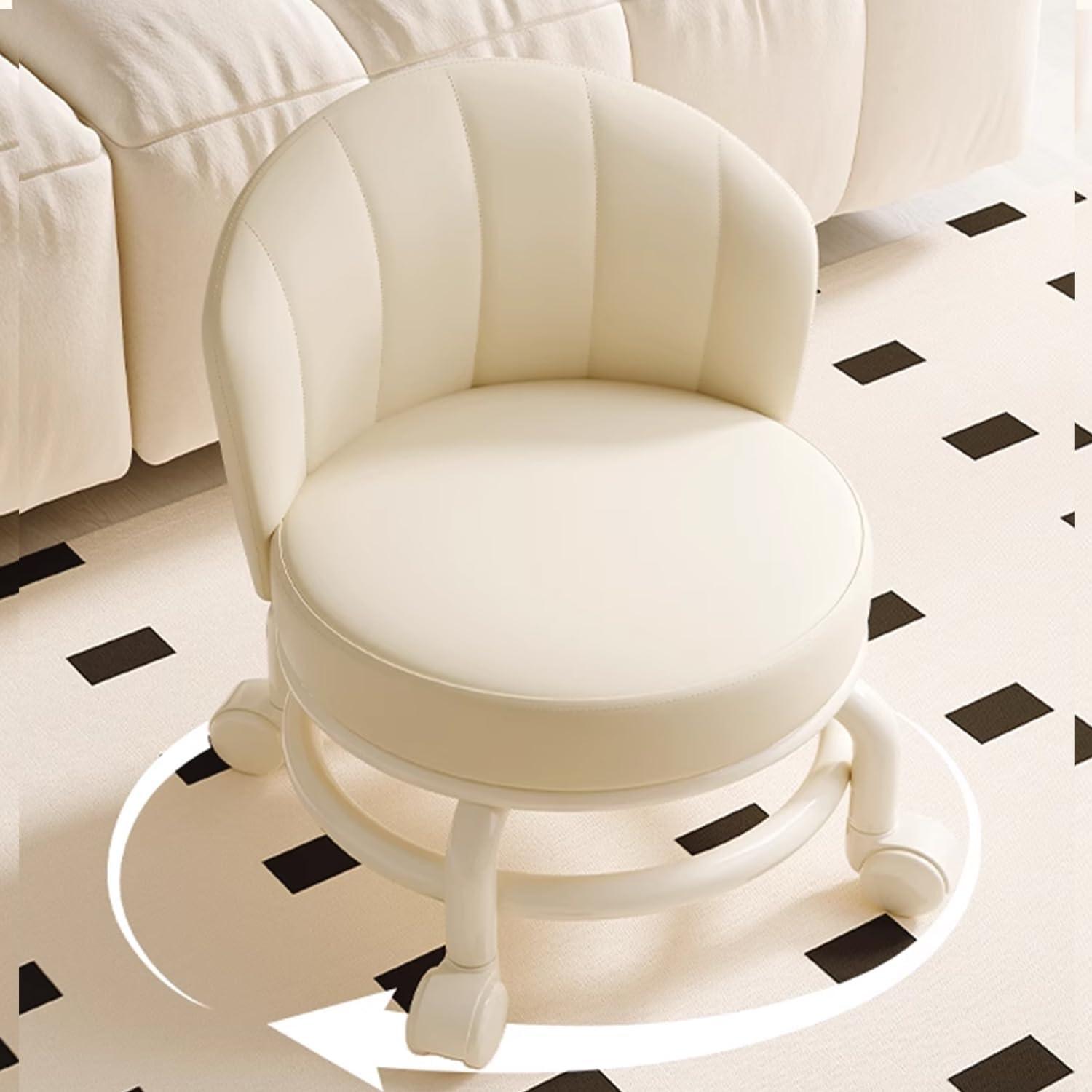 Low Rolling Stool with Backrest,Rolling Pedicure Seat,Low Stool with Wheels for Home, Office, Garage, Shop, Library (White)