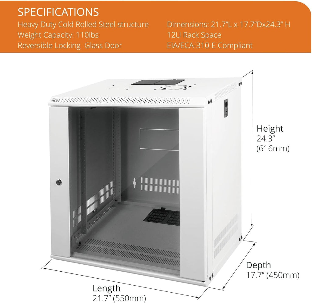 Tecmojo 12U Wall Mount Rack Network Cabinet for 19" IT Equipment,with Lockable Glass Door and Side Panels,Cooling Fan,17.7inch Depth,White