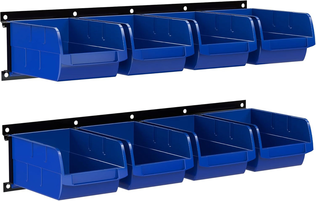 UNITEDPOWER wall mounted garage storage bin, Parts Rack, Plastic Hanging Stackable Storage Bin, Hardware Tool Organizer for workshop, Craft Room, school and Shop, 8 Bins&2 Rails (Blue), Large