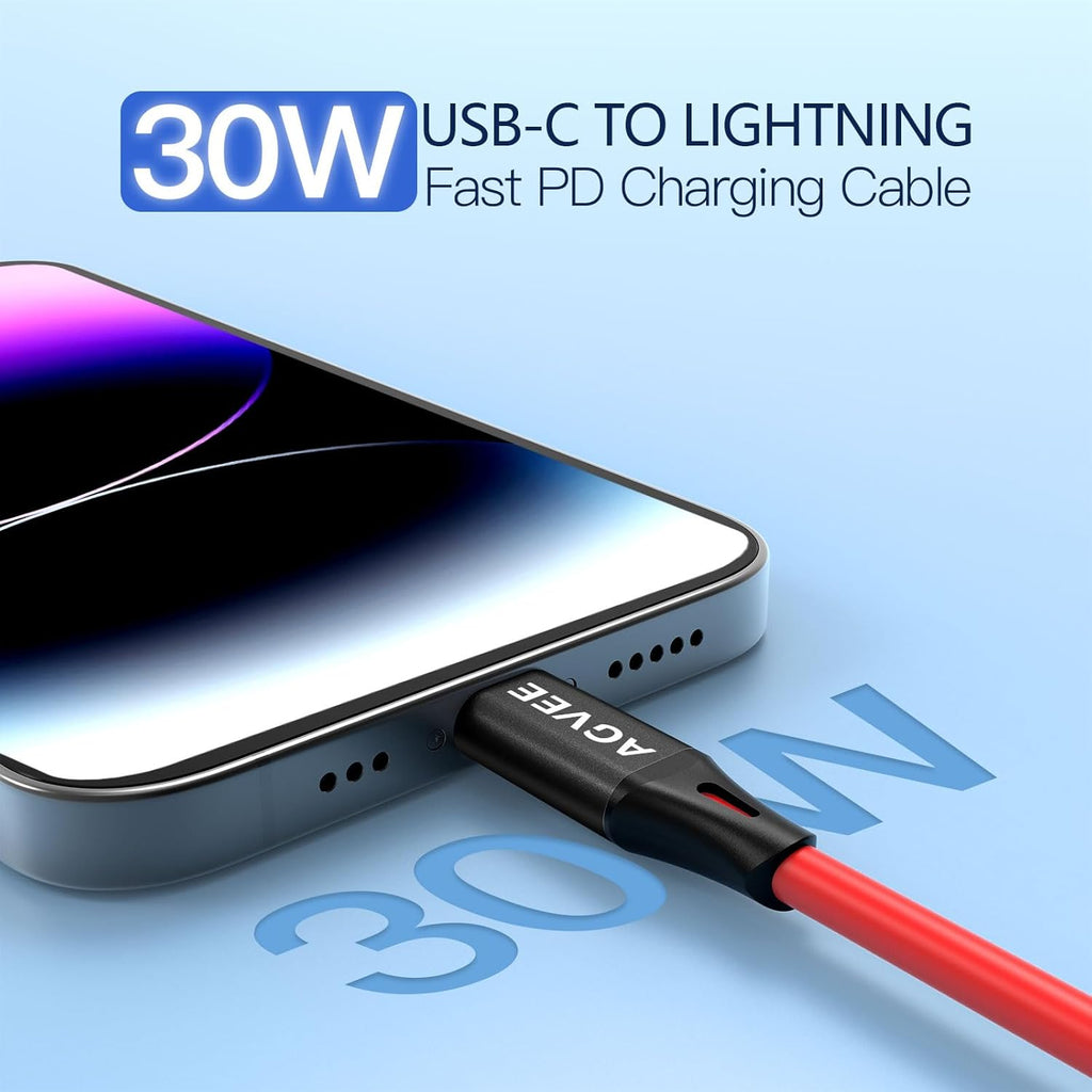 AGVEE 3ft Coiled Short USB-C to Lightning Charging Cable [MFI Certified] 30W PD Fast Charger Cord in Car for iPhone 14/13/12/11/XS/8/7/6/5 CarPlay, iPad, iPod, Red