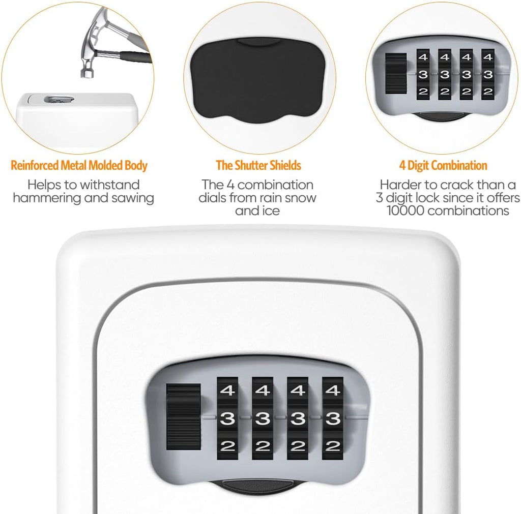 Key Lock Box Wall Mounted, Fayleeko 4 Digit Combination Lockbox for Outside, House Keys - 5 Keys Capacity, Key Safe Security Storage Lock Box for Indoor, Outdoor, Garage, Garden, Store (White, 1Pack)