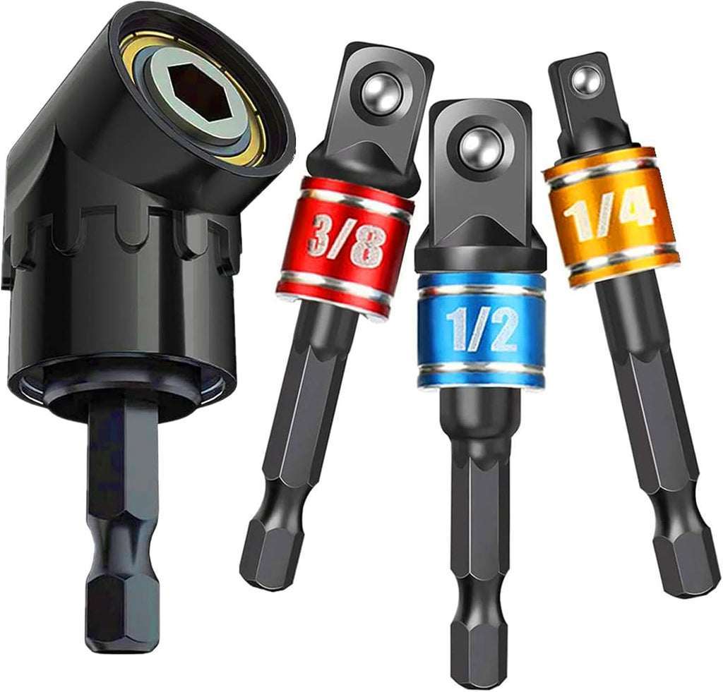 Impact Grade Socket Adapter Set - 3 Pcs Extension Drill Bit Socket Wrench Adapter for Impact Driver 1/4 3/8 1/2" Drive, 105 Degree Right Angle Drill Attachment for Household Workplace Industry