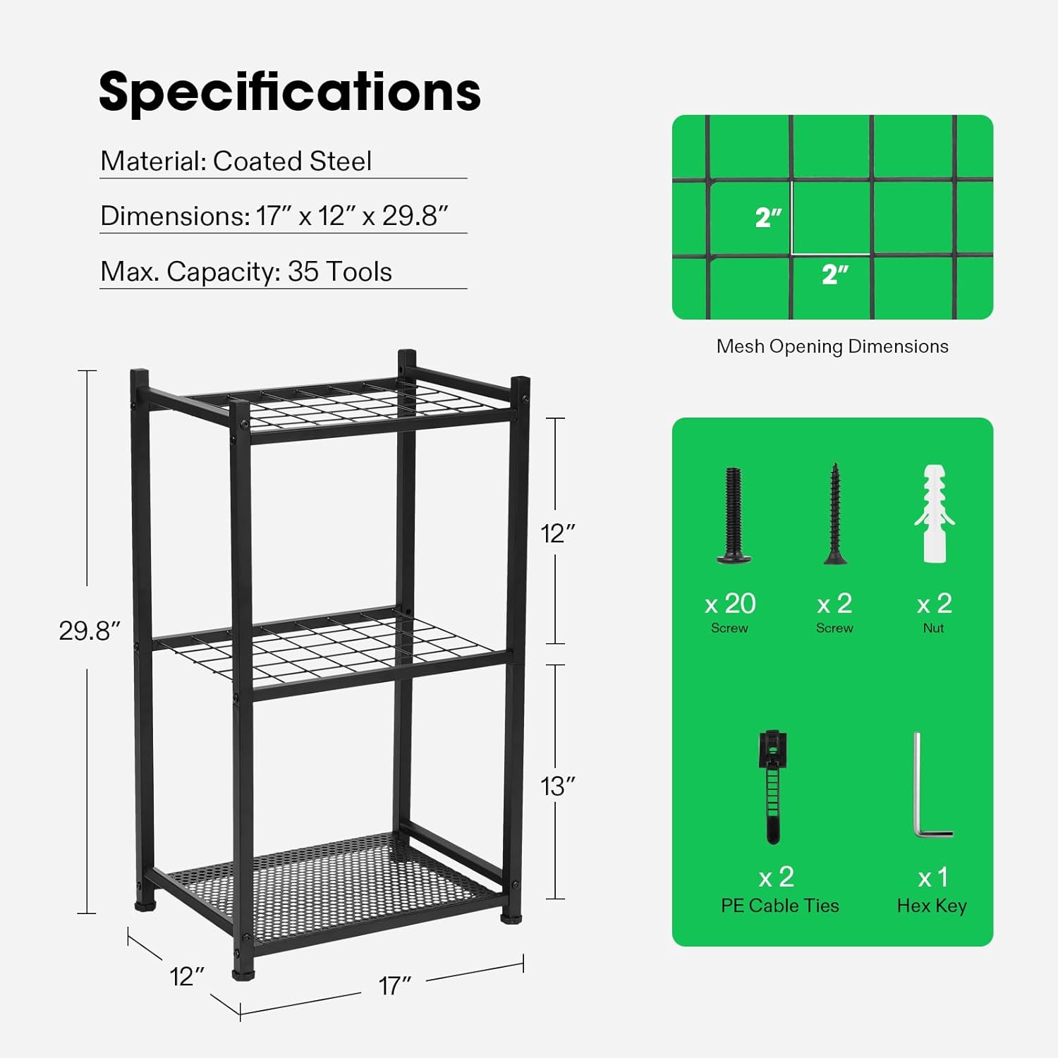 VIVOSUN Garden Tool Organizer, Heavy Duty Steel Tool Rack Tool Stand, Up to 35 Long-Handled Tools, Yard Tool Storage for Garage Shed Home and Outdoor, Medium, Anti-tipping Design