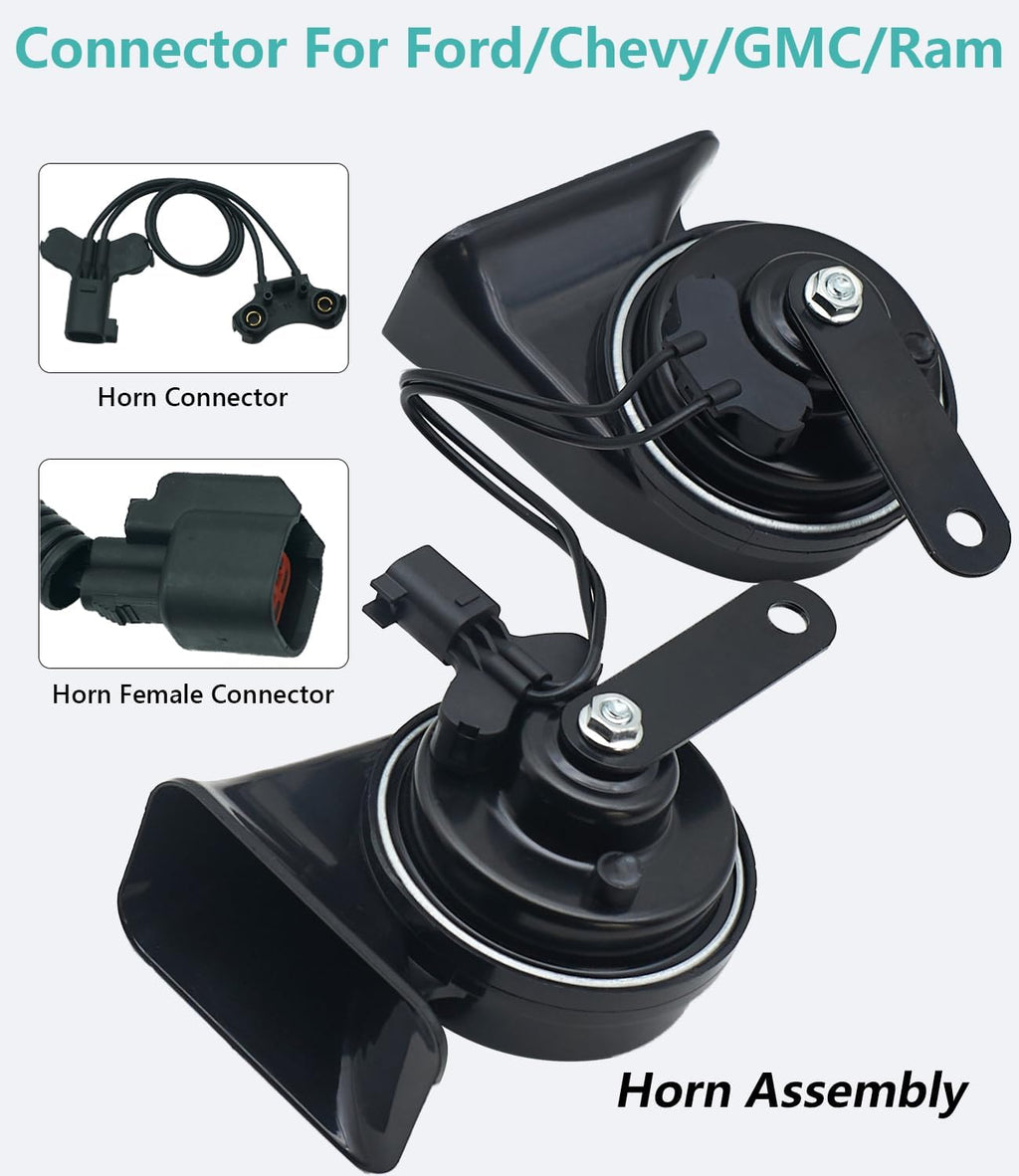 Car Horn Kit for Ford Chevrolet Ram GMC Tesla,12V Loud Waterproof Auto Horn, High Low Dual Tone 126 Decibel, Replacement for Ford(2 Connectors)