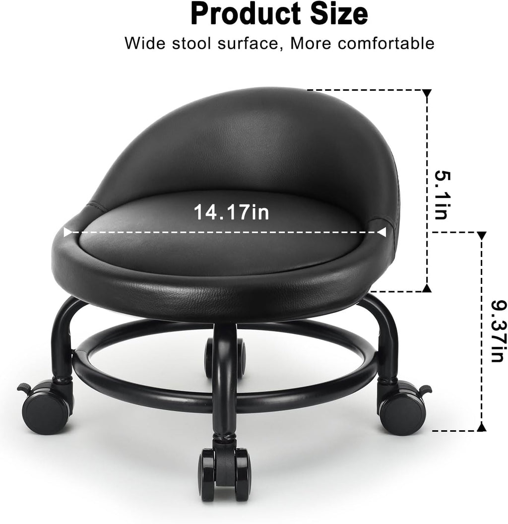 Rolling Stool with Backrest Low Height Rolling Stools, Low Roller Stool Chair, Roller Seats for Home, Office, Garage, Shop, Library